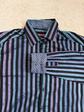 Robert Graham Shirt Men's Size S Flip Cuff Black Purple Blue Stripe Classic Fit
